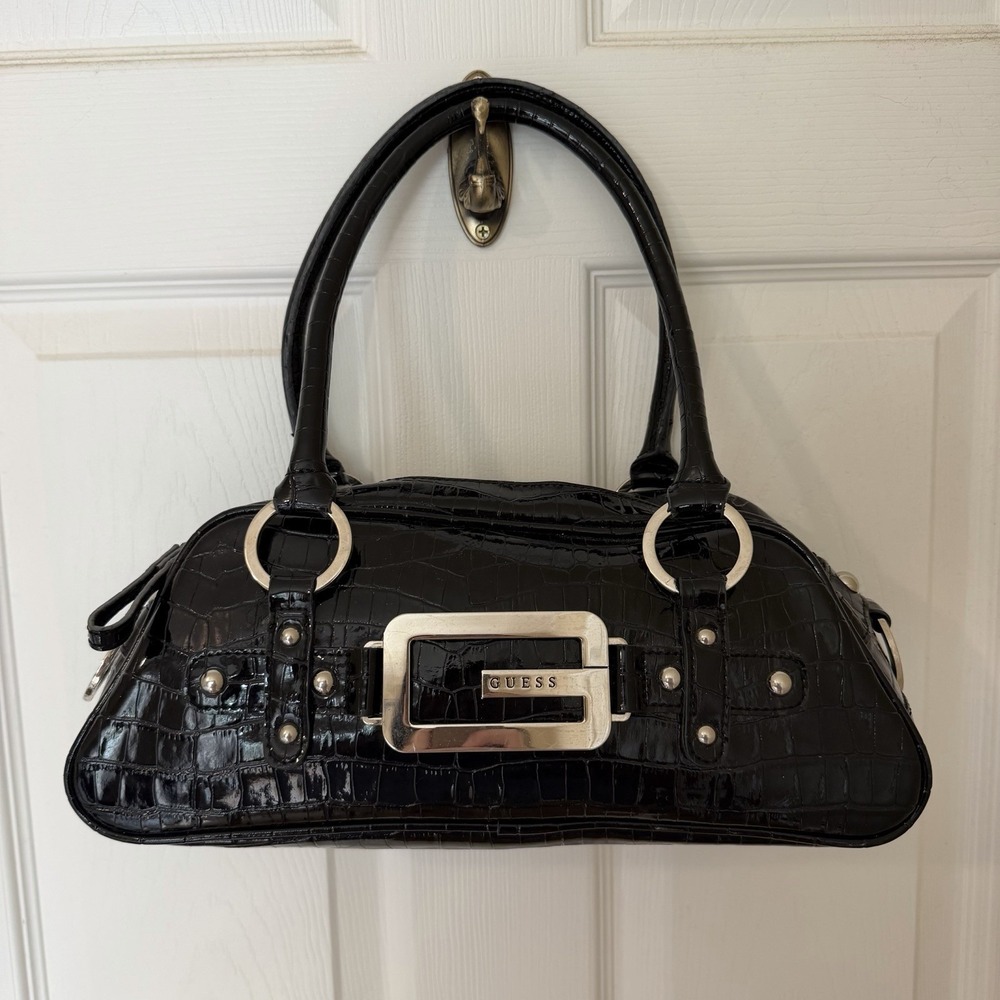 GUESS black crocodile embossed patent satchel silver hardware metal logo VTG Y2K